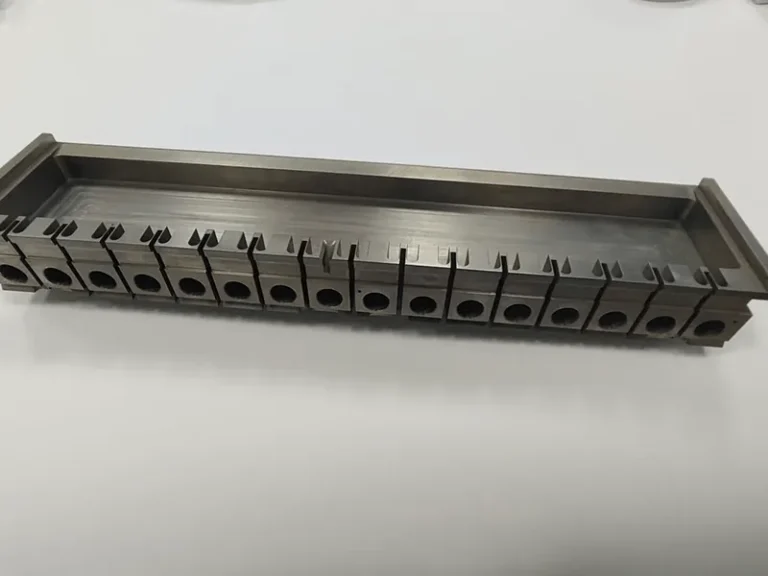 Long die holder with a ganged row of 17 wire-cut inserts, view 1